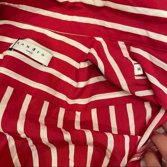 Sandro Paris Loreta Red And White Stripe Short Sleeve Wrap Midi Dress Sz 36 - Picture 5 of 5